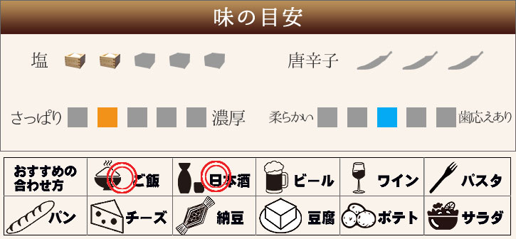 塩、唐辛子、さっぱり〜濃厚、やわらかい〜歯応えあり