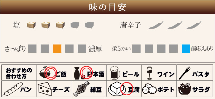 塩、唐辛子、さっぱり〜濃厚、やわらかい〜歯応えあり