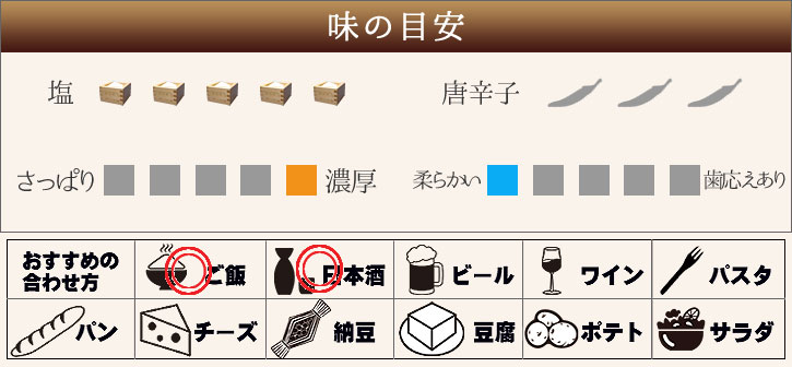 塩、唐辛子、さっぱり〜濃厚、やわらかい〜歯応えあり